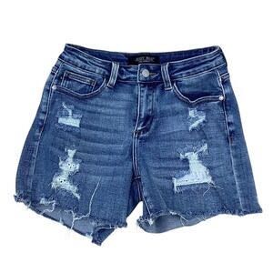 Judy Blue Los Angeles Distressed Denim Shorts Medium Wash Raw Hem Size Small